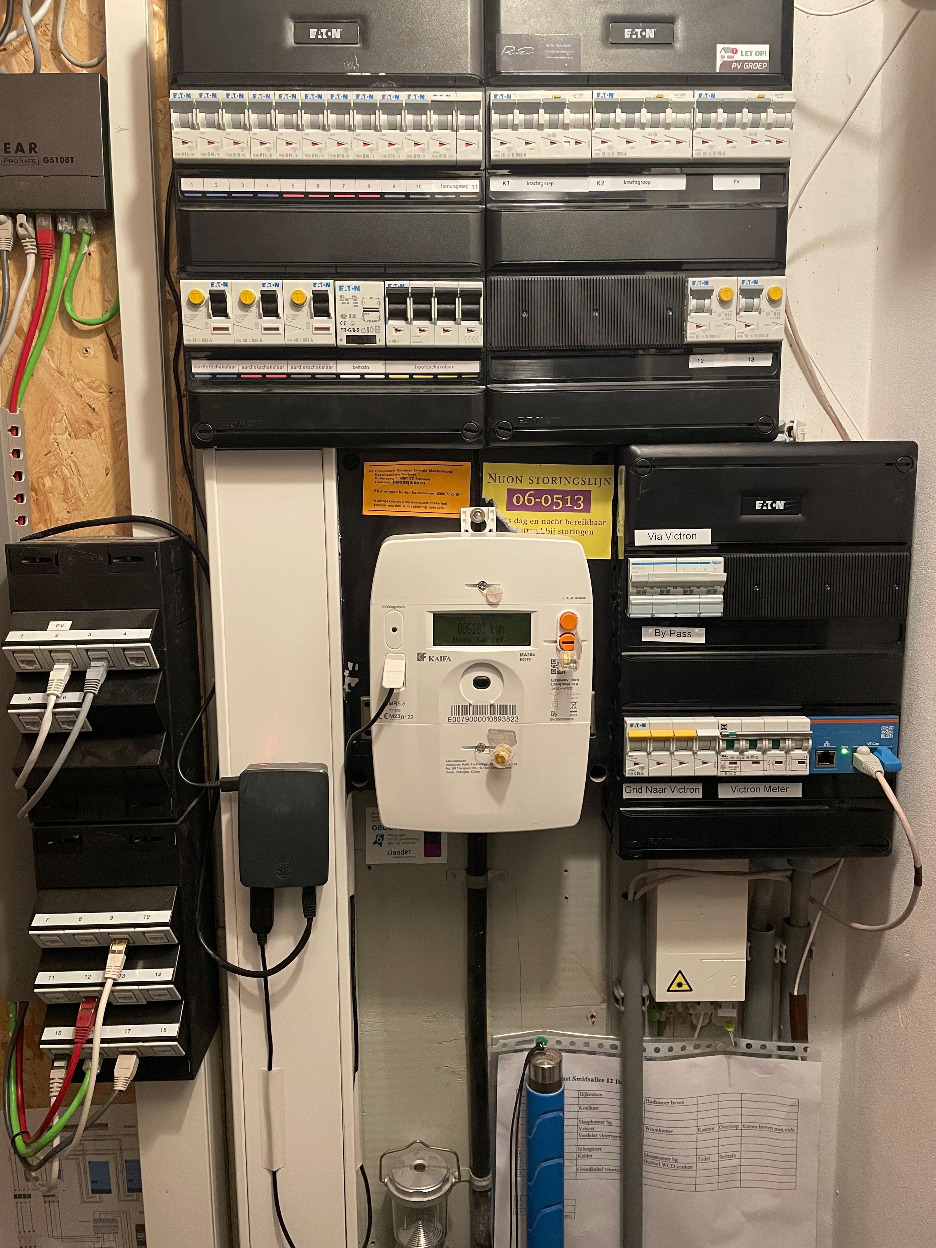 Slimme meter met labels Via Victron, Grid naar Victron en Victron Meter