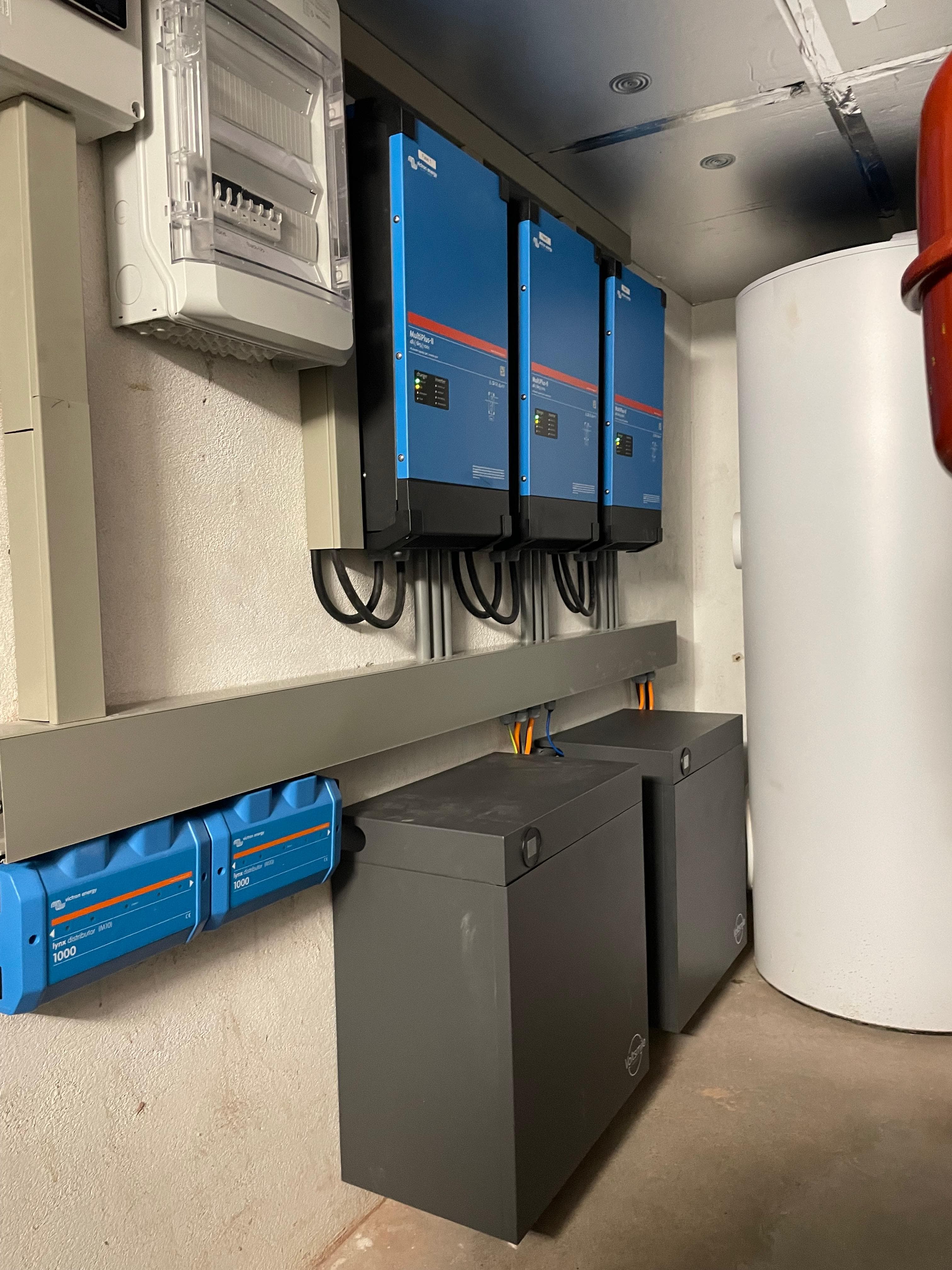 Overzicht van een Victron Energy installatieruimte met MultiPlus-II omvormers